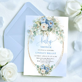 Classic Boho Pastel Blue Flowers Baby Shower Gold Einladung