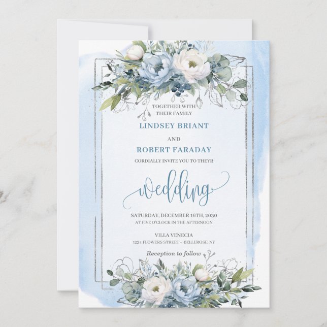 Classic Boho Pastel Blue Silver Rose Hochzeit Einladung (Vorderseite)