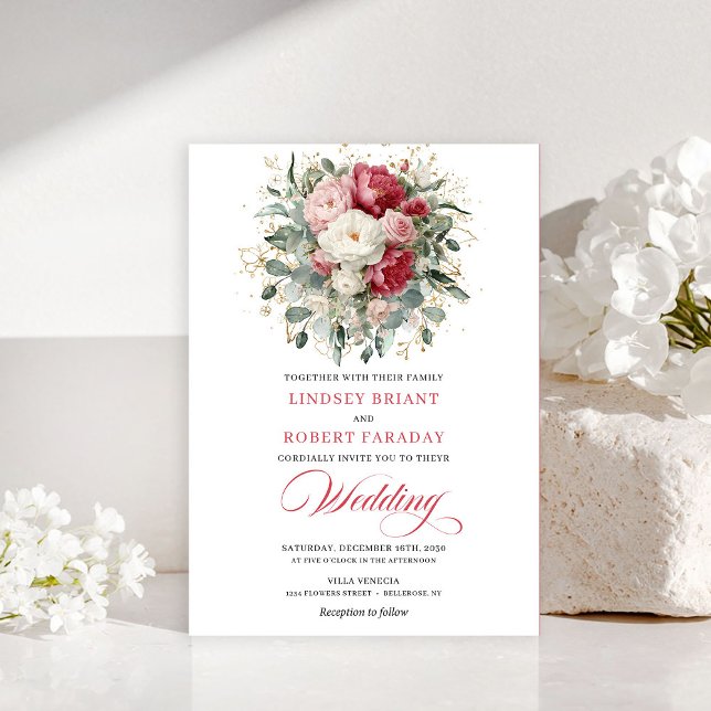 Classic Boho Red White Gold Floral Wedding Invite Einladung (Classic Boho Red White Gold Floral Wedding Invitation)