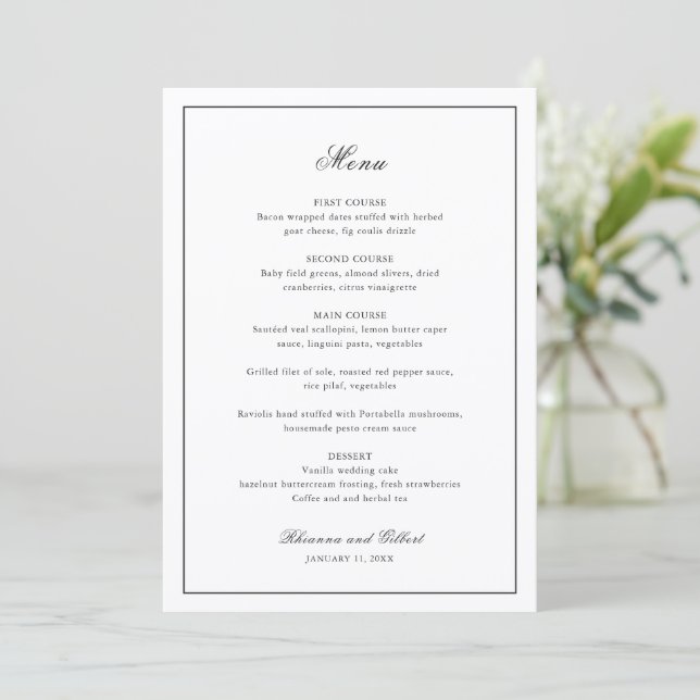 Classic Border Black and White Timeless Wedding Menükarte (Stehend Vorderseite)