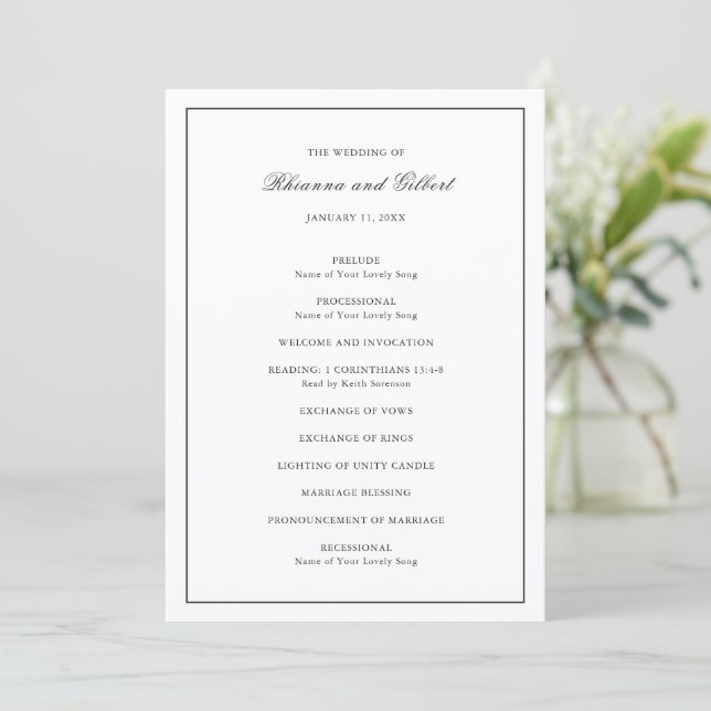 Classic Border Black and White Timeless Wedding Programm (Stehend Vorderseite)