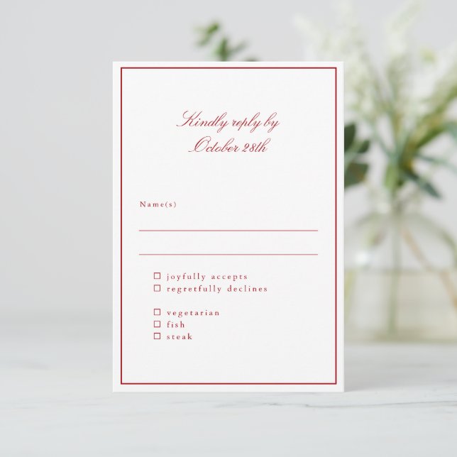 Classic Border Red Elegant Wedding Meal Choice RSVP Karte (Stehend Vorderseite)