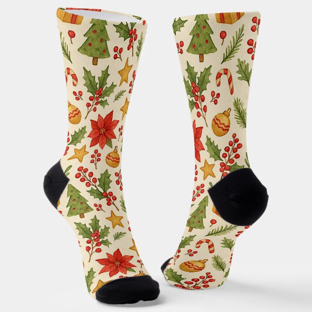 Classic Botanical Poinsettia Floral Art Pattern Socken (Gewinkelt)