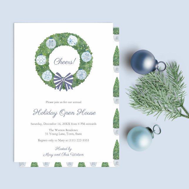 Classic Boxwood Blue White Christmas Holiday Party Einladung (Cheers! Blue And White Chinoiserie Baubles on simple greenery wreath with blue and white bow)
