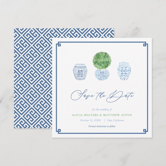 Classic Boxwood Ginger Jar Blue & Green Wedding Save The Date (Vorne/Hinten)