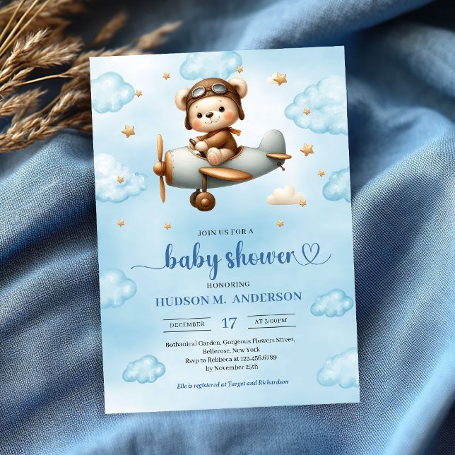 Classic Boy Shower Teddy Bear Pilot Blue Brown Einladung (Classic Boy Shower Invite Teddy Bear Pilot Blue Brown

)
