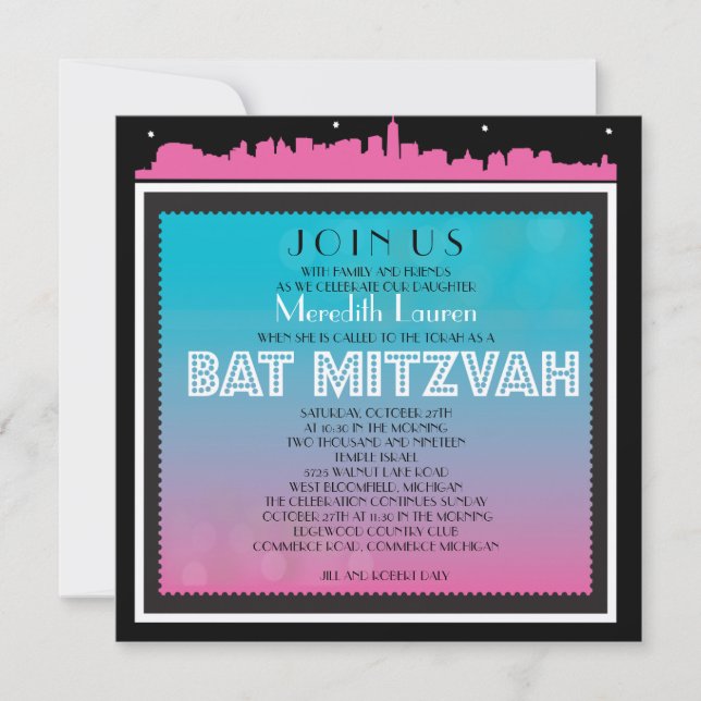 CLASSIC BROADWAY Bat Mitzvah Einladung Regenbogen2 (Vorderseite)
