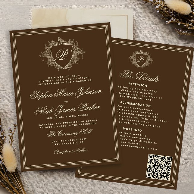 Classic brown QR code formal monogram wedding  Einladung (Von Creator hochgeladen)