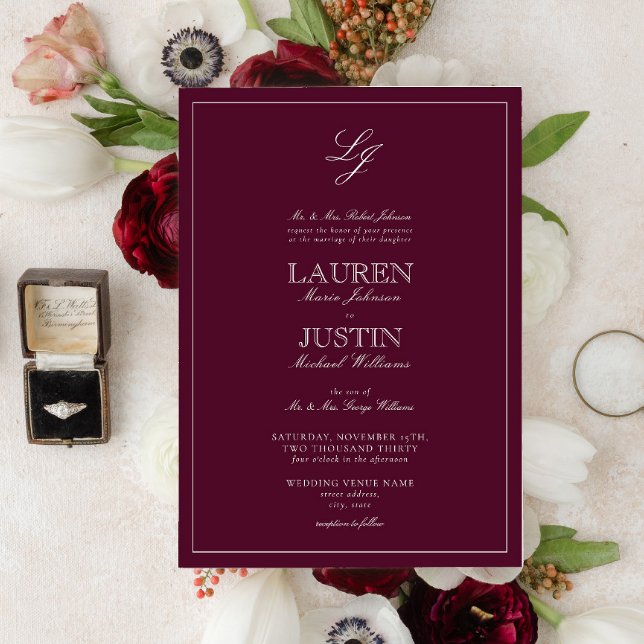 Classic Burgundy Calligraphy Monogram Wedding Einladung (Von Creator hochgeladen)
