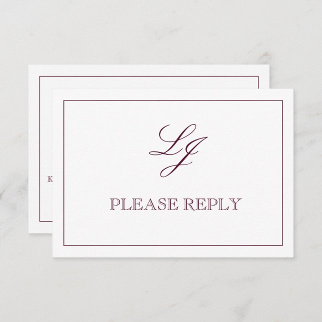 Classic Burgundy Calligraphy Monogram Wedding RSVP Karte (Vorne/Hinten)