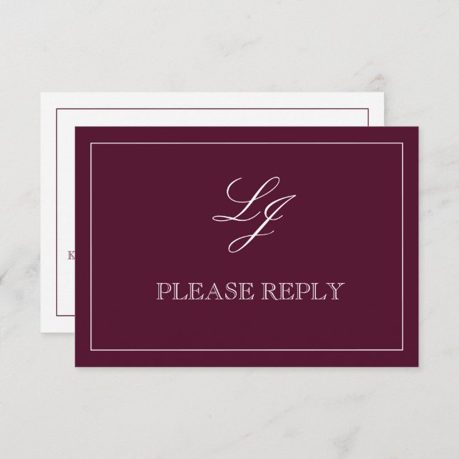 Classic Burgundy Calligraphy Monogram Wedding RSVP Karte (Vorne/Hinten)