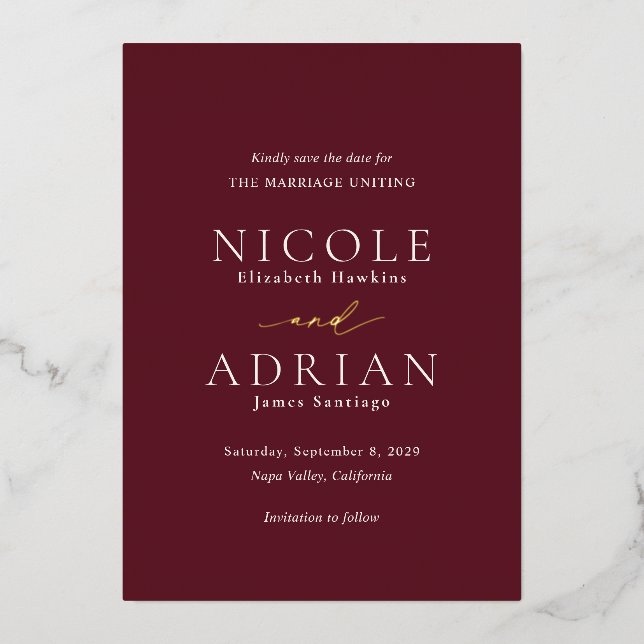 Classic Burgundy Elegant Wedding Save the Date Folieneinladung (Vorderseite)