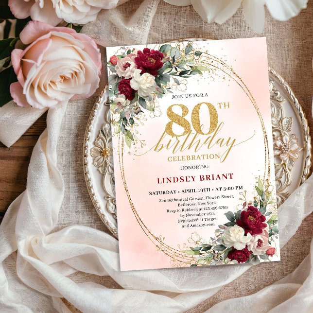 Classic Burgundy Floral Gold 80th Birthday Invite Einladung (Classic Burgundy Floral Gold 80th Birthday Invite)