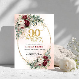 Classic Burgundy Floral Gold 90th Birthday Invite Einladung