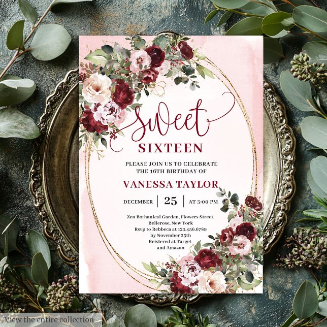 Classic Burgundy Floral Gold Sweet Sixteen Card Einladung (Classic Burgundy Floral Gold Sweet Sixteen Card)