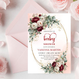 Classic Burgundy Flowers Gold Baby Shower Invite Einladung