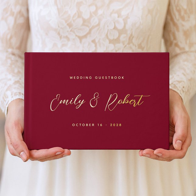 Classic Burgundy Gold Calligraphy Wedding Foto Gästebuch (Von Creator hochgeladen)