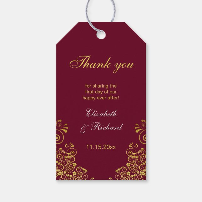 Classic Burgundy Gold Wirbel Hochzeit Vielen Dank Geschenkanhänger (Vorderseite)
