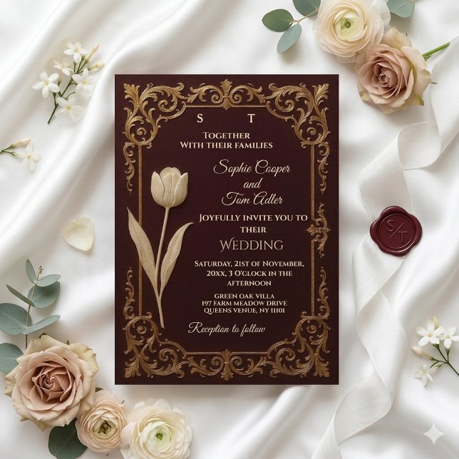 Classic Burgundy Ivory Gold Baroque Tulips Wedding Einladung (Classic Burgundy Ivory Gold Baroque Tulips Wedding Invitation)