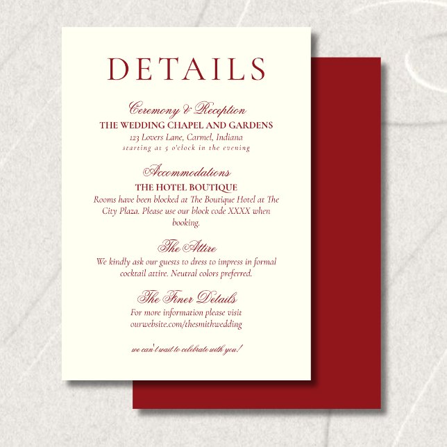 Classic Burgundy Red Minimalist Wedding Details Begleitkarte (Classic Burgundy Red Minimalist Wedding Details Enclosure Card)