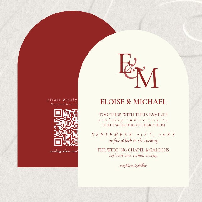 Classic Burgundy Red Monogram Minimalist Wedding Einladung (Classic Burgundy Red Monogram Minimalist Wedding Invitation)