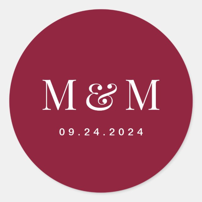 Classic  Burgundy Red Monogram Typography Wedding Runder Aufkleber (Vorderseite)
