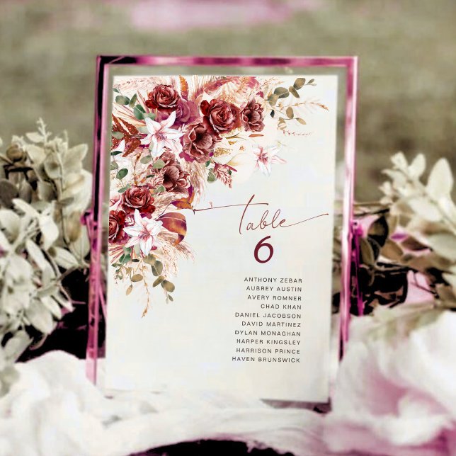 Classic Burgundy Rose & Blush Floral Table Number Mitteilungskarte (Von Creator hochgeladen)