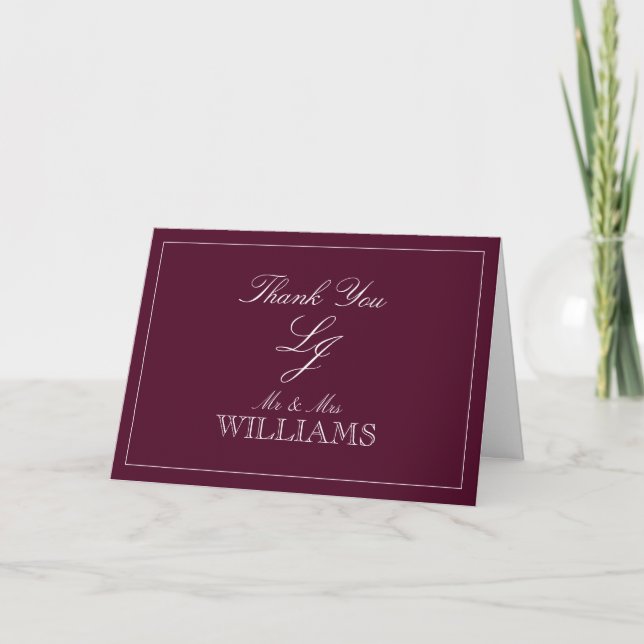 Classic Burgundy Script Monogram Foto Vielen Dank Karte (Vorderseite)