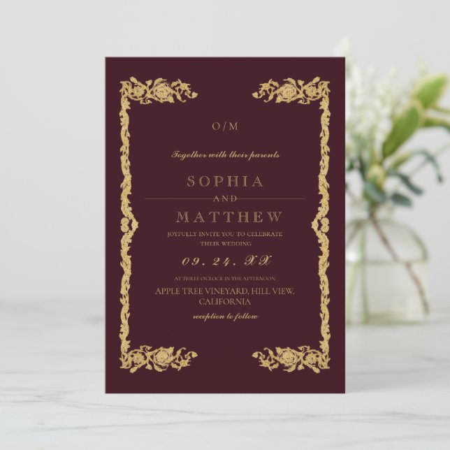 Classic Burgundy Wedding Photo Invitation Einladung (Stehend Vorderseite)