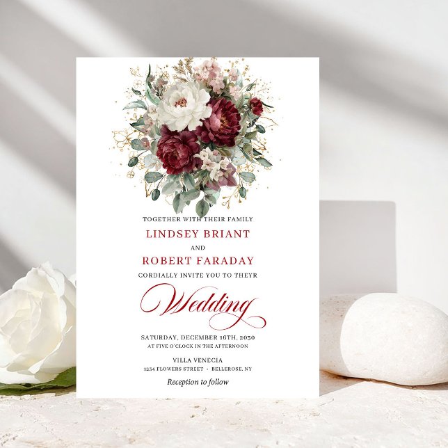 Classic Burgundy White Botanical Wedding Invite Einladung (Classic Burgundy White Botanical Wedding Invite)