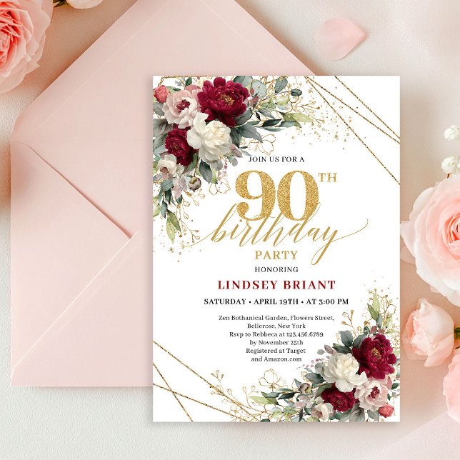 Classic Burgundy White Gold Roses 90th Birthday  Einladung (Classic Burgundy White Gold Roses 90th Birthday Card

)