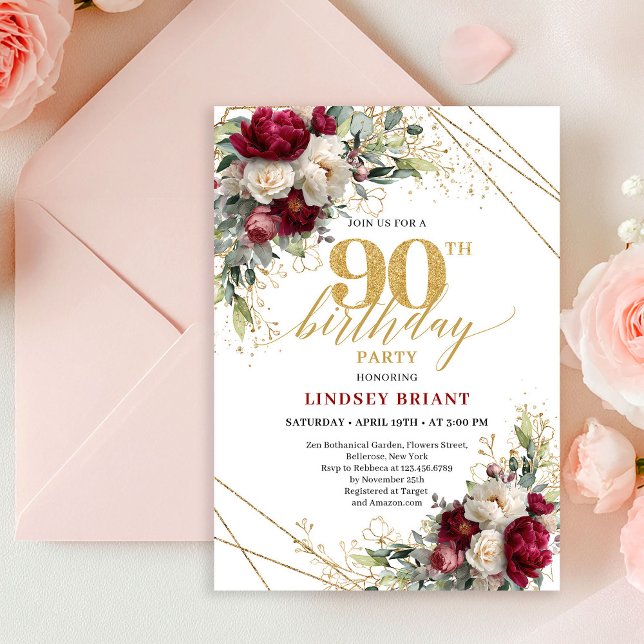 Classic Burgundy White Roses 90th Birthday Invite Einladung (Classic Burgundy White Roses 90th Birthday Invite)