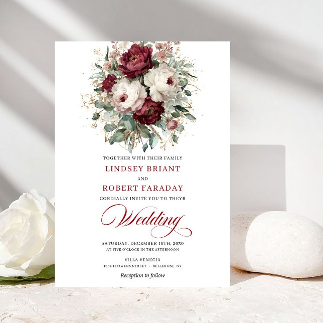 Classic Burgundy White Watercolor Wedding Invite Einladung (Classic Burgundy White Watercolor Wedding Invitation)