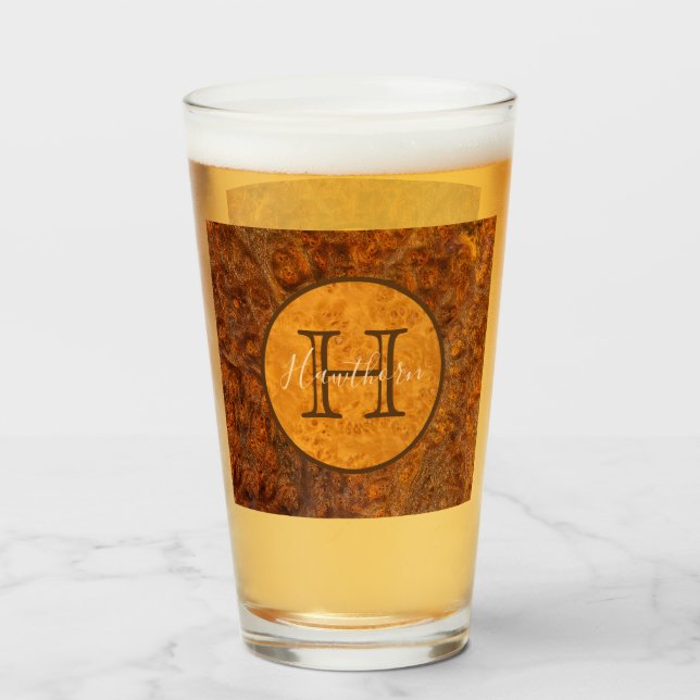 Classic Burl Wood Tone Round Monogram Glas (Vorne (Gefüllt))