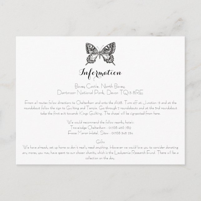 Classic Butterfly Wedding Information Card Postkarte (Vorderseite)