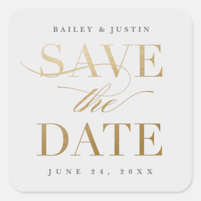 Classic Calligraphy Gold Save the Date Quadratischer Aufkleber (Vorderseite)