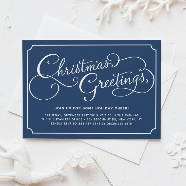 Classic Calligraphy Navy Blue Christmas Party Einladung (Von Creator hochgeladen)