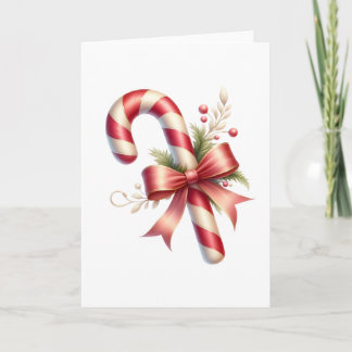 Classic Candy Cane with Red Satin Bow and Greenery Karte