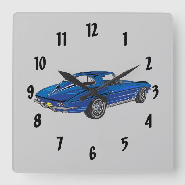 Classic Car Blue 1963 Corvette Design Wall Clock Quadratische Wanduhr (Vorderseite)