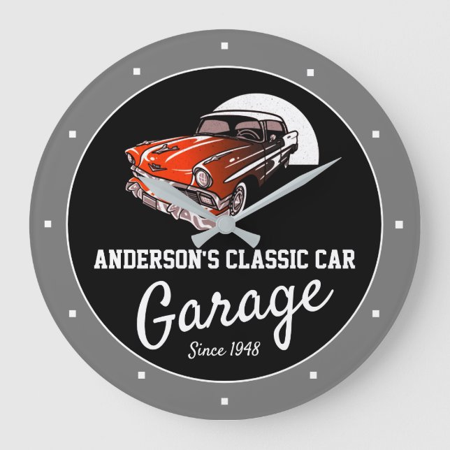 Classic Car Garage, beliebig Name Fifties Auto Große Wanduhr (Vorderseite)