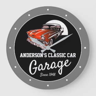 Classic Car Garage, beliebiger Name Fifties Auto   Große Wanduhr