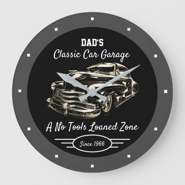 Classic Car Garage Dad's or Anyone's Name Black   Große Wanduhr (Vorderseite)