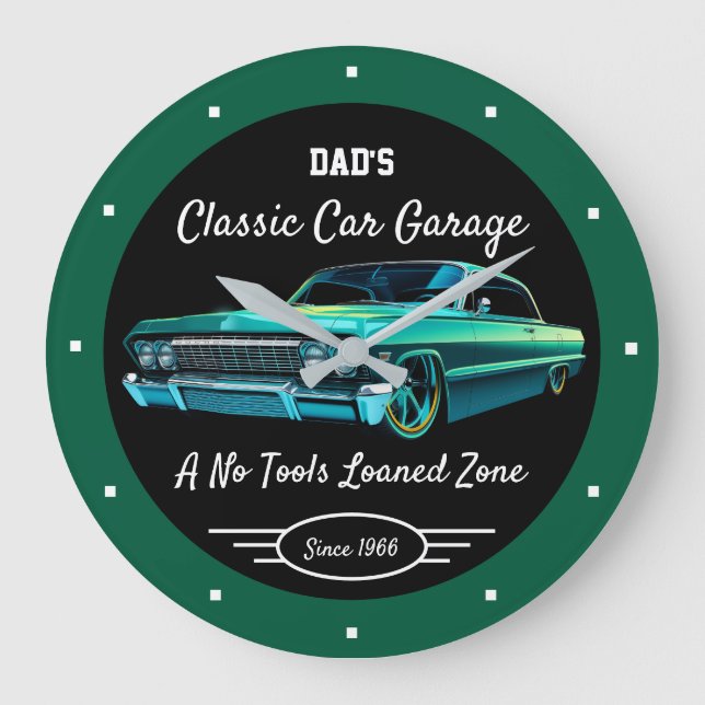 Classic Car Garage Dad's or Anyone's Name Green   Große Wanduhr (Vorderseite)