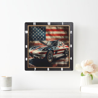 Classic Car Patriotic Quadratische Wanduhr
