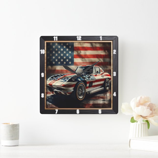 Classic Car Patriotic Quadratische Wanduhr (Zuhause)