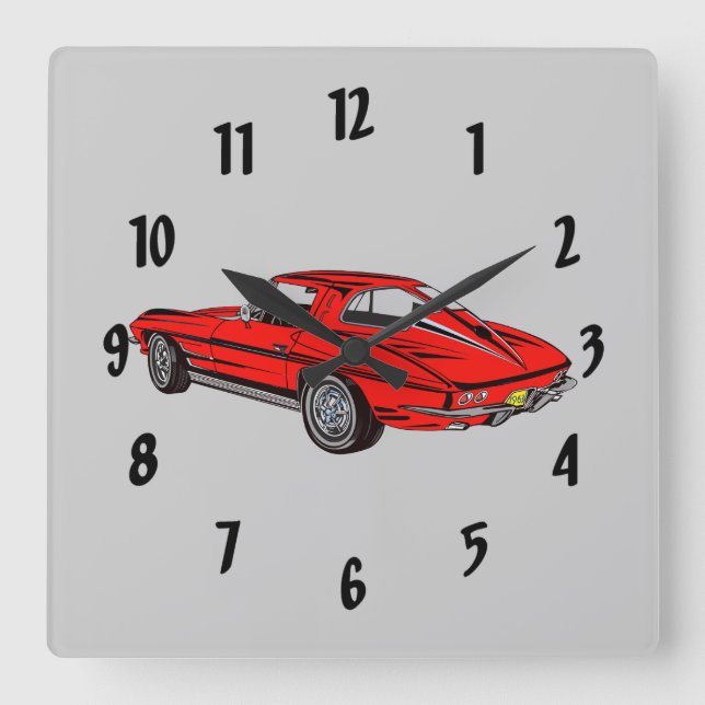 Classic Car Red 1963 Corvette Design Wall Clock Quadratische Wanduhr (Vorderseite)