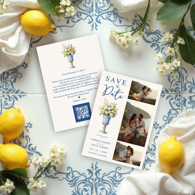 Classic Chalice Vase Mediterranean Lemons Flowers Save The Date (Classic Chalice Vase with Mediterranean Lemons and Flowers 3-Photo Wedding Save the Date Cards.)