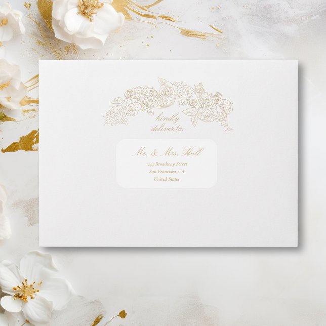 Classic Champagne Wedding Guest Address Labels (rococo golden classic design envelope with matching sticker to write the guest address and name)