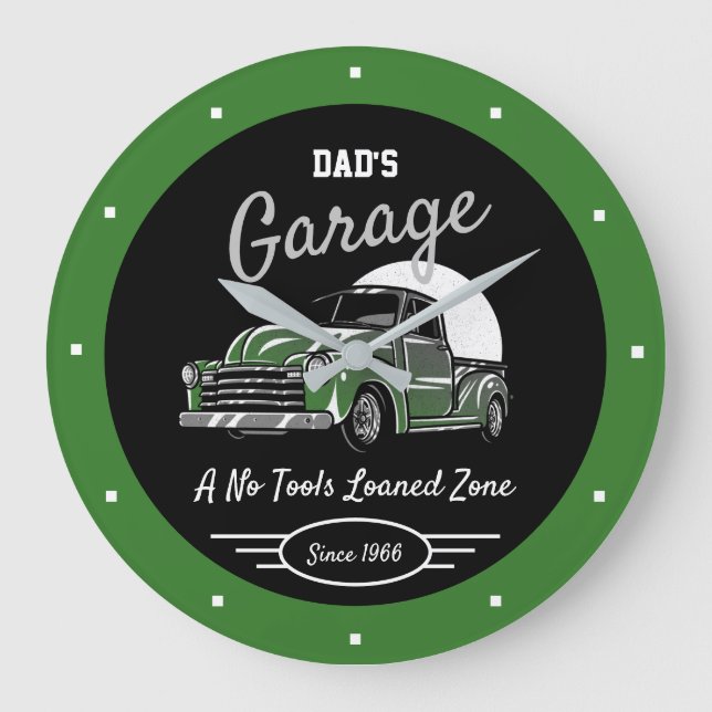 Classic Chevy Truck Garage Vater, jeder Name Grün  Große Wanduhr (Vorderseite)