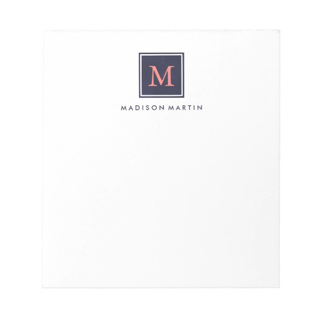Classic Chic Dark Blue und Coral Monogram Notizblock (Vorderseite)